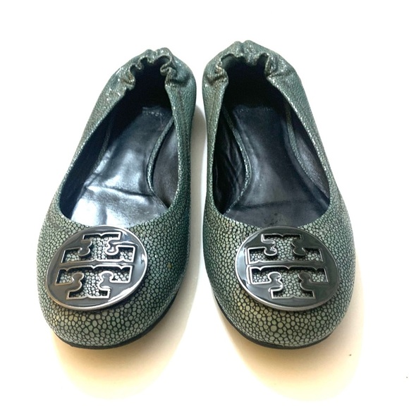 TORY BURCH Reva Flats Green Leather Ballet Flats Stingray Reptile Green - Picture 2 of 5